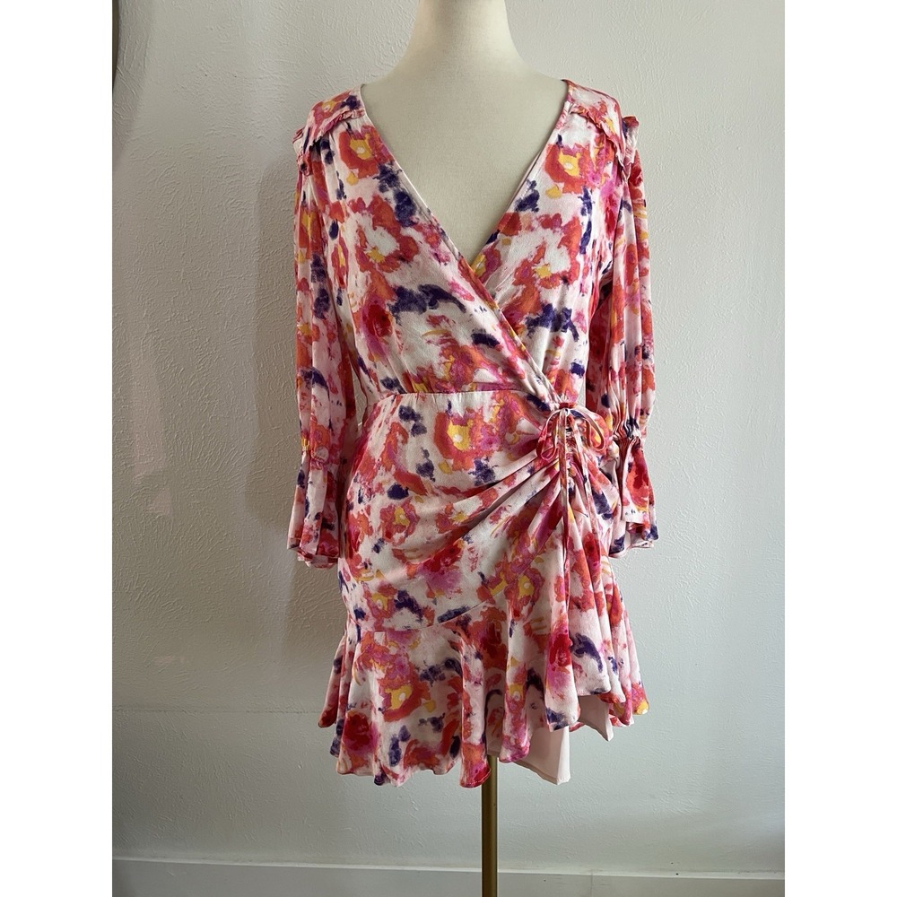 Betsey Johnson Yellow Pink floral ruffle summer vacation Dress size 10 faux wrap